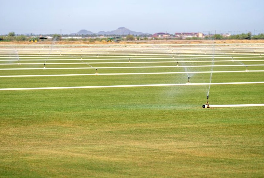 Expansive farmland with automatic irrigation sprinklers watering green fields